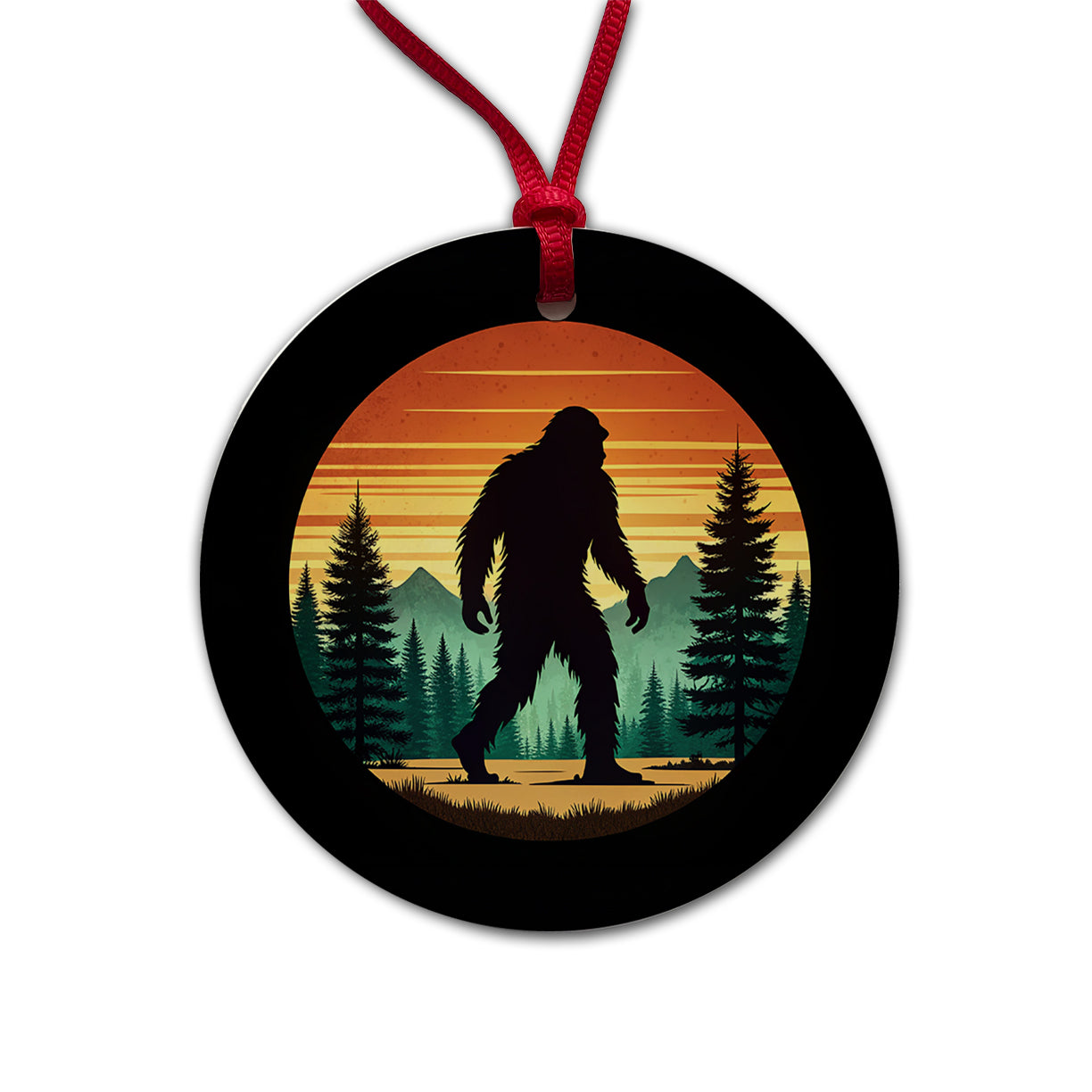 Retro Bigfoot Walking In The Forest Round Ceramic Holiday Christmas Tree Ornament