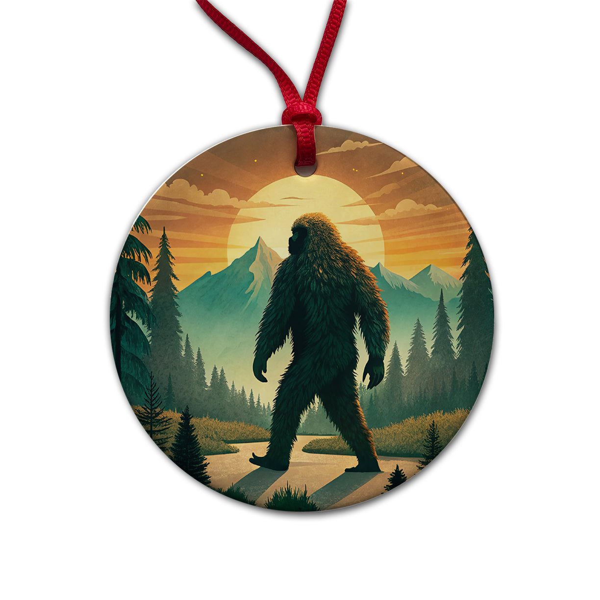 Retro Bigfoot Walking In The Woods At Sunset Round Ceramic Holiday Christmas Tree Ornament