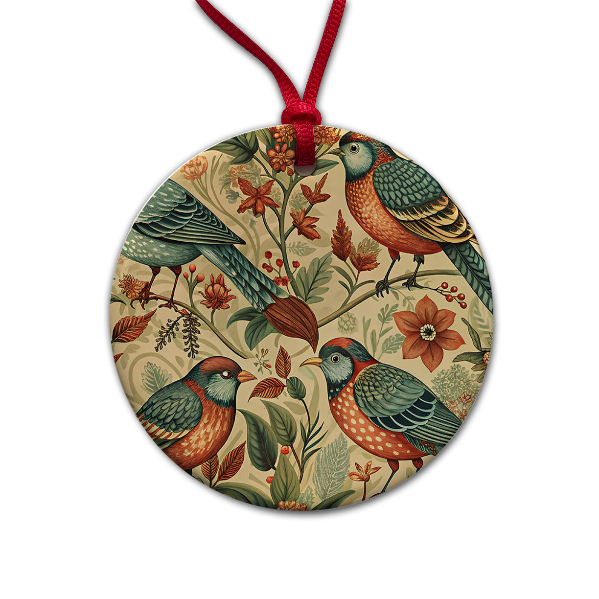 Retro Birds Floral Pattern Vintage Design Round Ceramic Holiday Christmas Tree Ornament