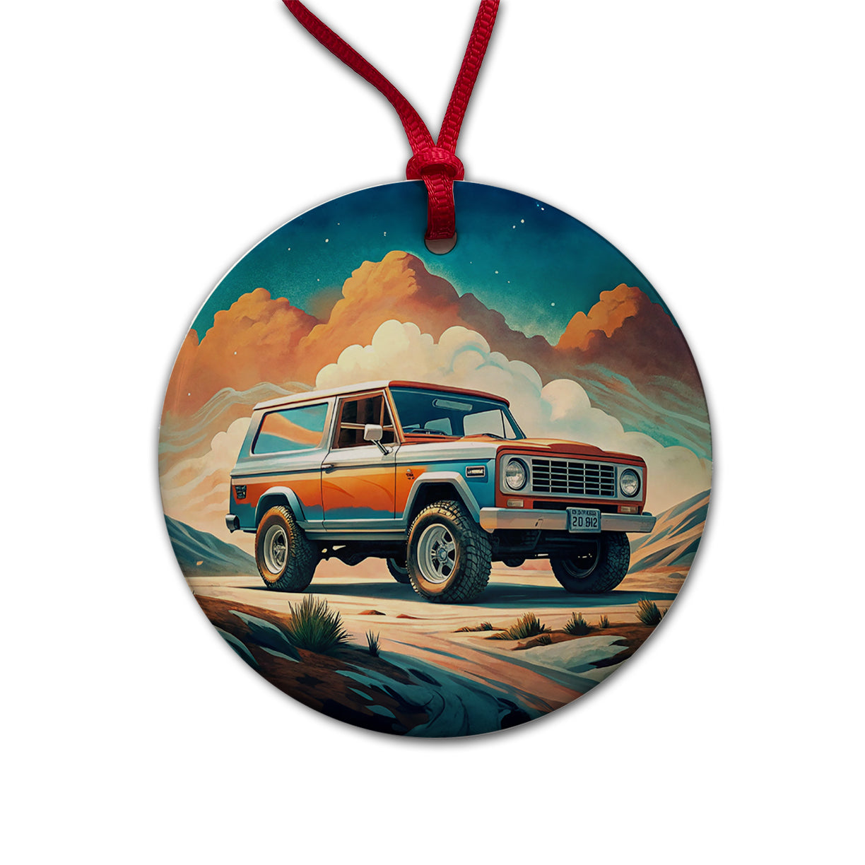 Retro Classic Off-Road Truck Art Round Ceramic Holiday Christmas Tree Ornament