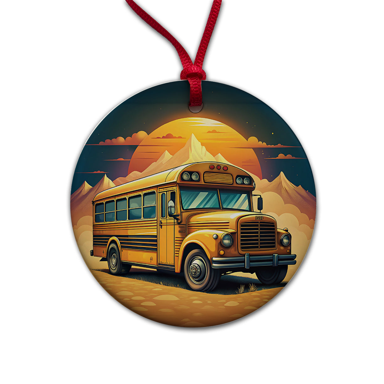 Retro Classic School Bus Round Ceramic Holiday Christmas Tree Ornament