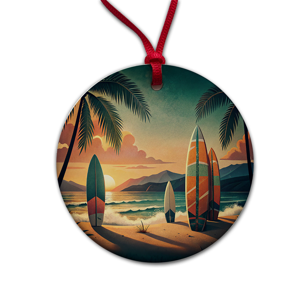 Retro Surfboards On Beach Tropical Sunset Illustration Round Ceramic Holiday Christmas Tree Ornament