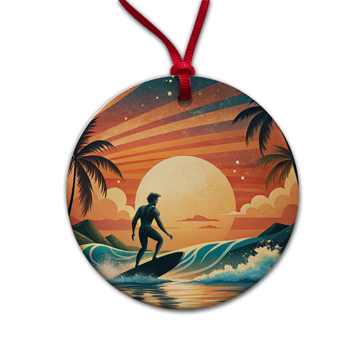 Retro Surfer Beach Tropical Sunset Illustration Round Ceramic Holiday Christmas Tree Ornament