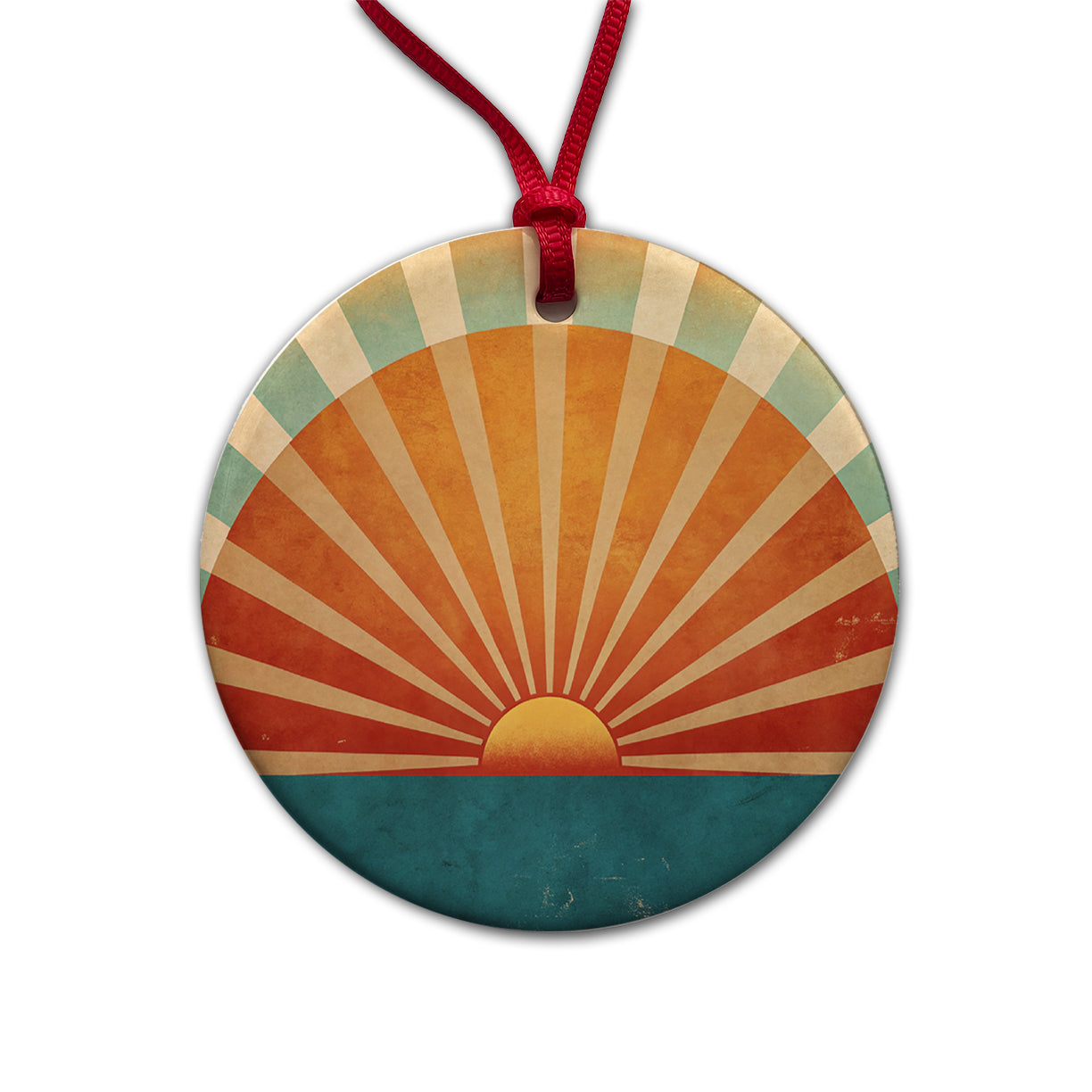Retro Vintage Rising Sun Design Round Ceramic Holiday Christmas Tree Ornament