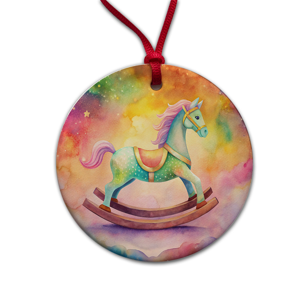 Rocking Horse For A Girl Round Ceramic Holiday Christmas Tree Ornament