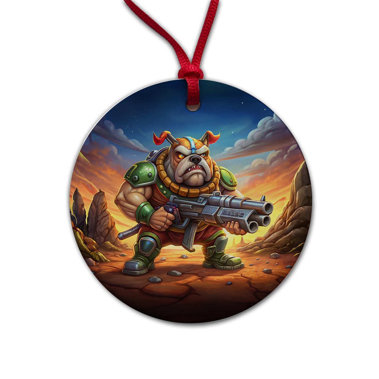 Sci-fi Cartoon Bulldog With Giant Gun Round Ceramic Holiday Christmas Tree Ornament