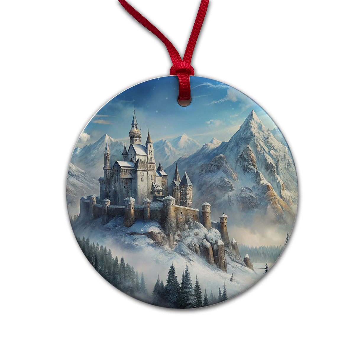 Snow Covered Castle In Mountains Landscape Round Ceramic Holiday Christmas Tree Ornament