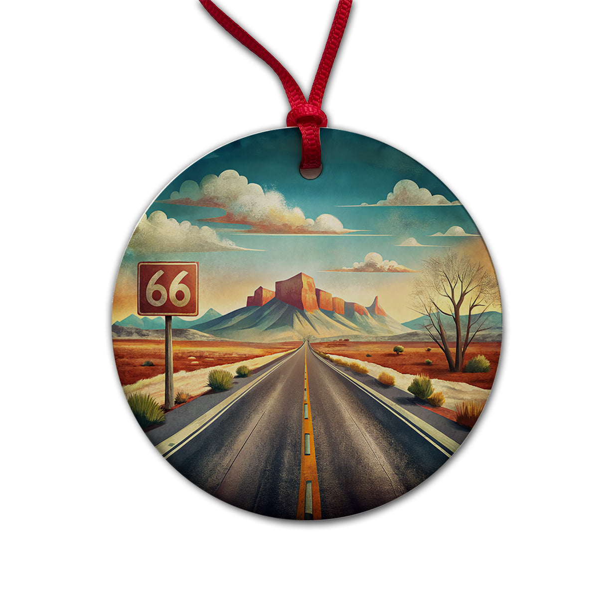 Southwest Highway Route 66 Art Round Ceramic Holiday Christmas Tree Ornament