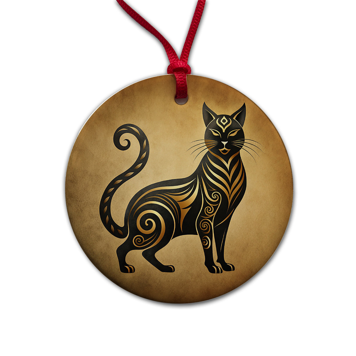 Stylized Black Cat Design Round Ceramic Holiday Christmas Tree Ornament