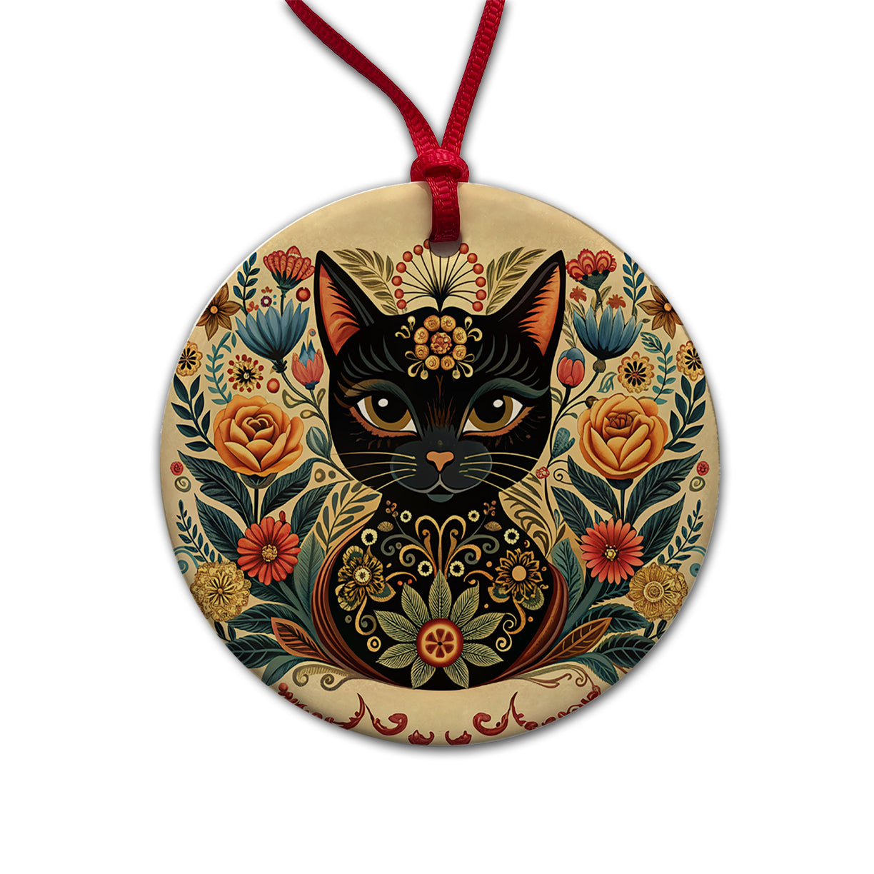 Stylized Black Cat Floral Design Round Ceramic Holiday Christmas Tree Ornament