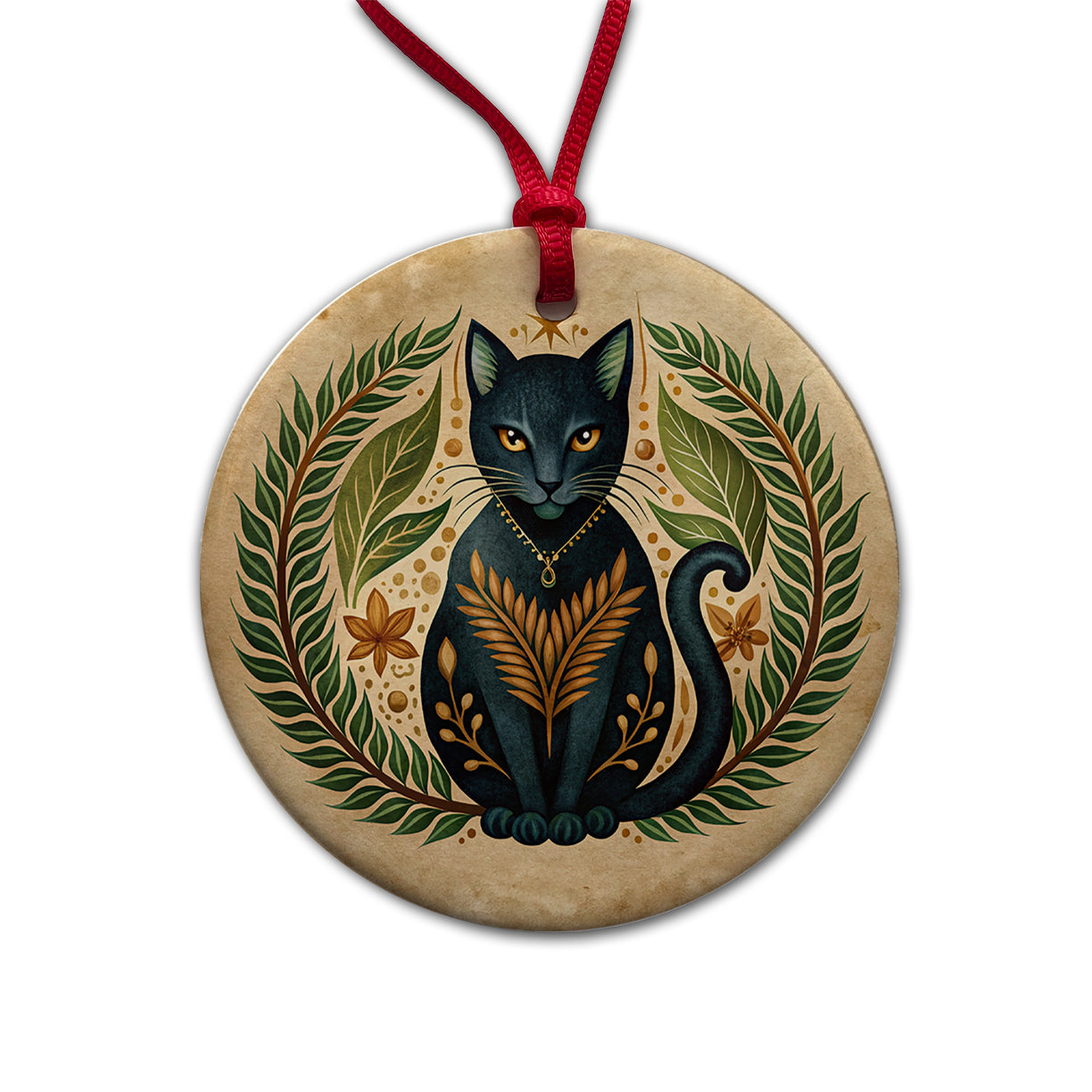 Stylized Black Cat Illustration Leaf Design Round Ceramic Holiday Christmas Tree Ornament
