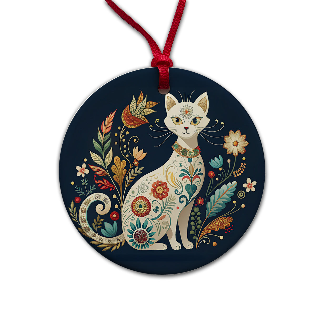 Stylized White Cat Floral Design Round Ceramic Holiday Christmas Tree Ornament