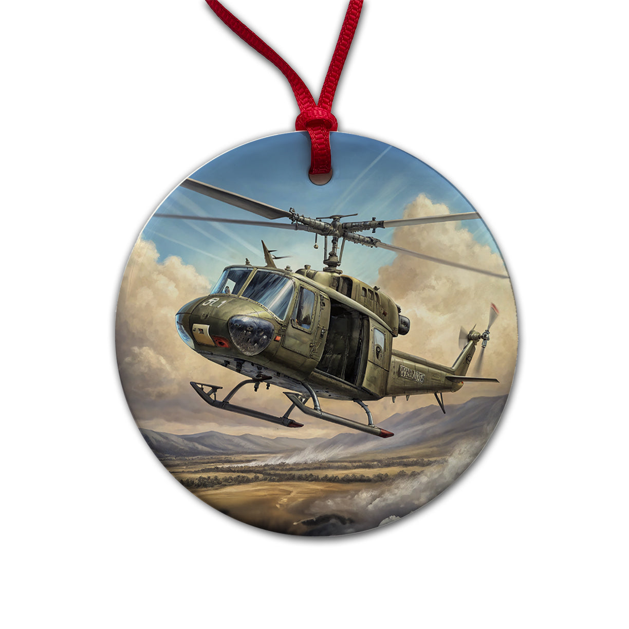 UH-1 Iroquois Huey Helicopter Vietnam War Era Round Ceramic Holiday Christmas Tree Ornament