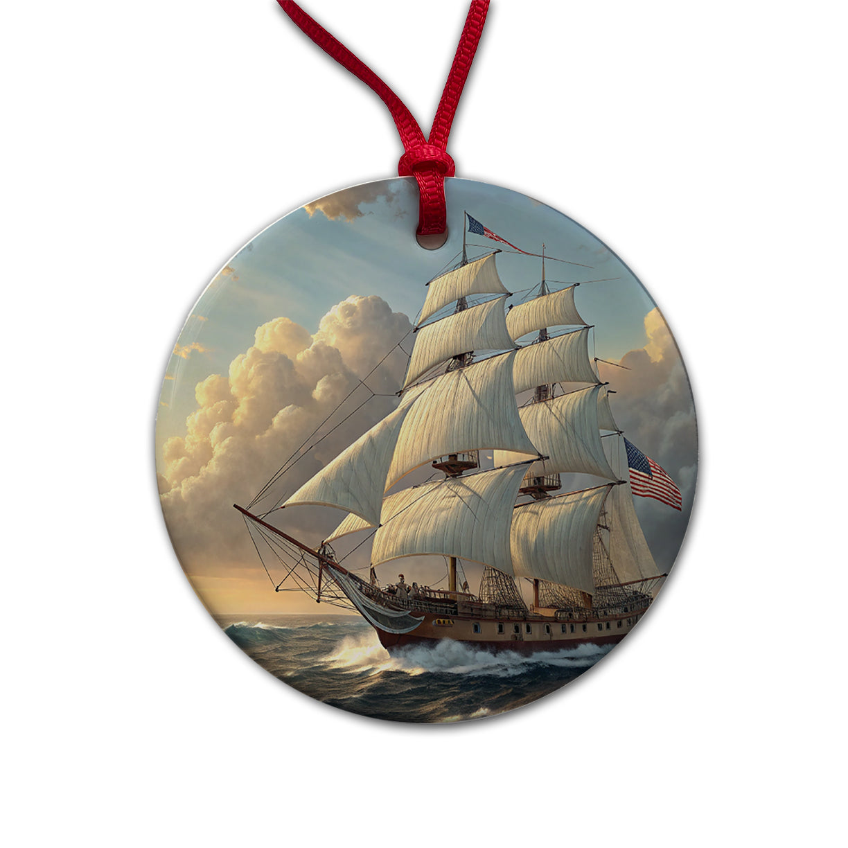 US Navy Frigate 18th Century Sailing Ship At Sea Round Ceramic Holiday Christmas Tree Ornament