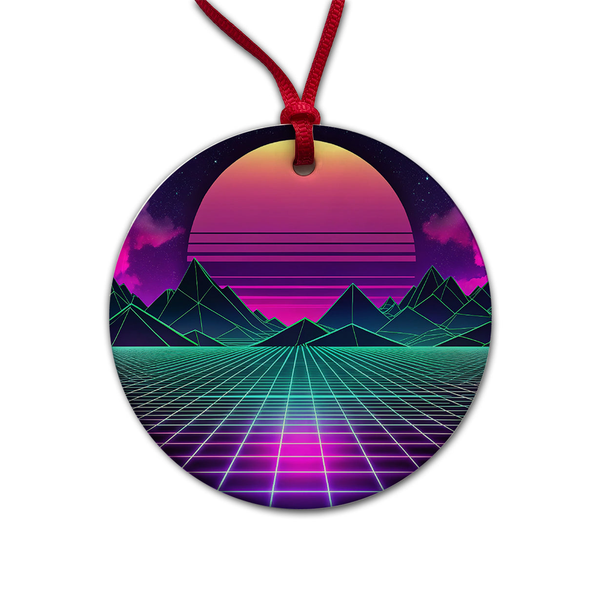 Vaporwave Retro Vector Vivid Landscape Round Ceramic Holiday Christmas Tree Ornament