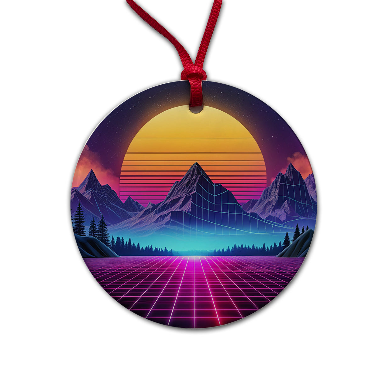 Vaporwave Retro Vector Vivid Mountain Landscape Round Ceramic Holiday Christmas Tree Ornament