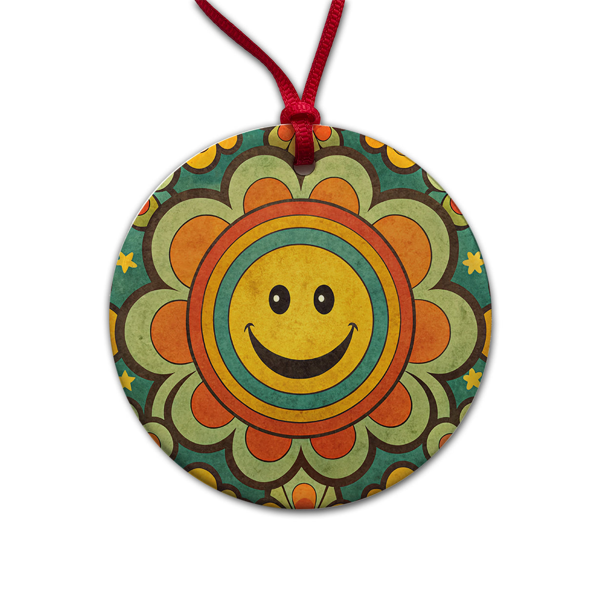 Vintage Retro Hippie Smile Pattern Design Round Ceramic Holiday Christmas Tree Ornament