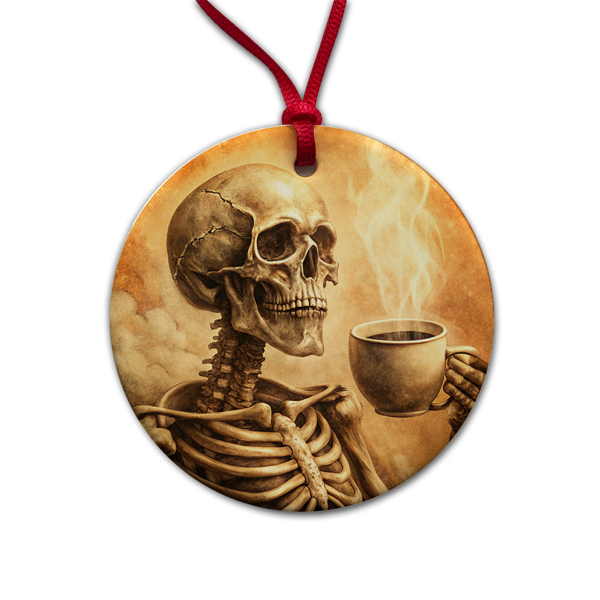Vintage Skeleton Holding Cup Of Coffee Retro Round Ceramic Holiday Christmas Tree Ornament