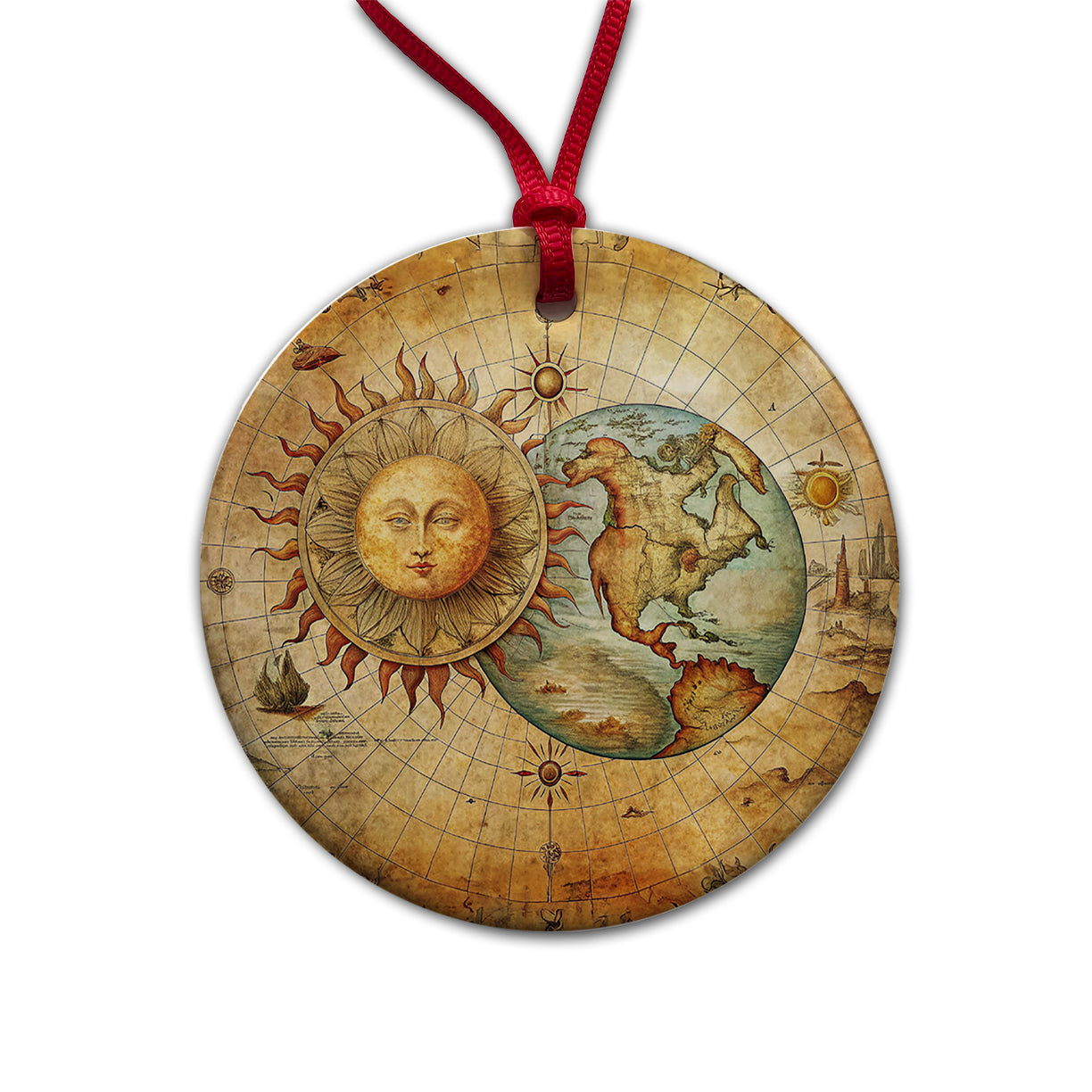 Vintage Sun Moon Map Round Ceramic Holiday Christmas Tree Ornament