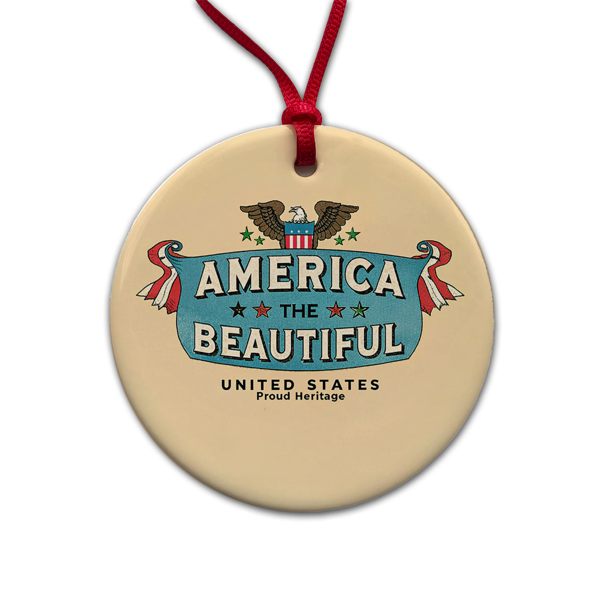 America The Beautiful United States Proud Heritage Round Ceramic Holiday Christmas Tree Ornament
