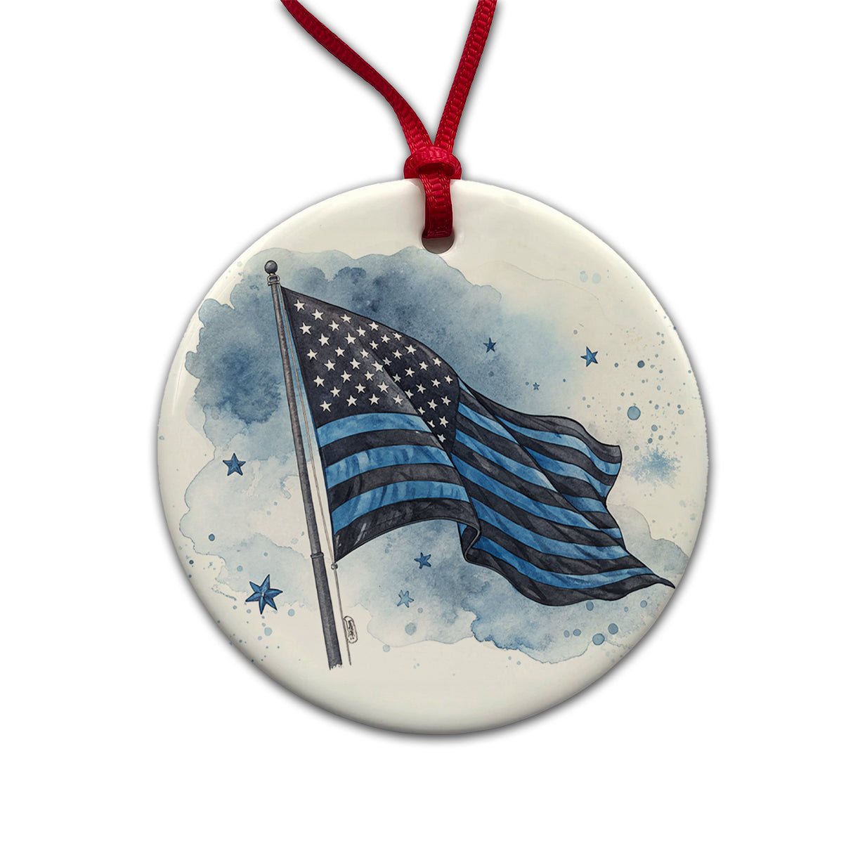 Black Blue Waving American Flag Watercolor USA United States Round Ceramic Holiday Christmas Tree Ornament