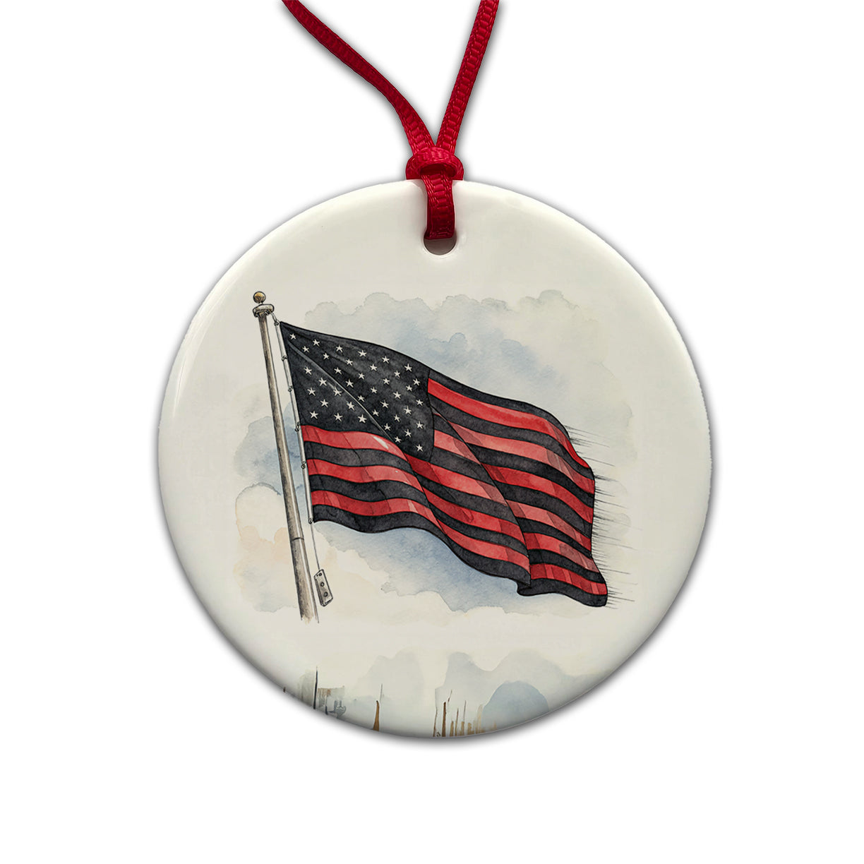 Black Red Waving American Flag Watercolor USA United States Round Ceramic Holiday Christmas Tree Ornament