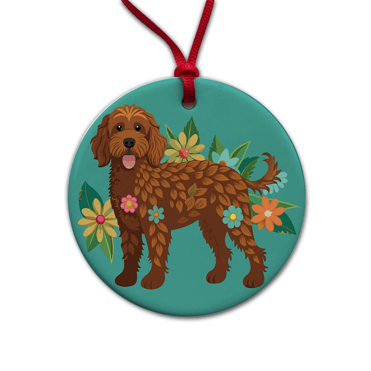 Brown Labradoodle Floral Motif Dog Round Ceramic Holiday Christmas Tree Ornament