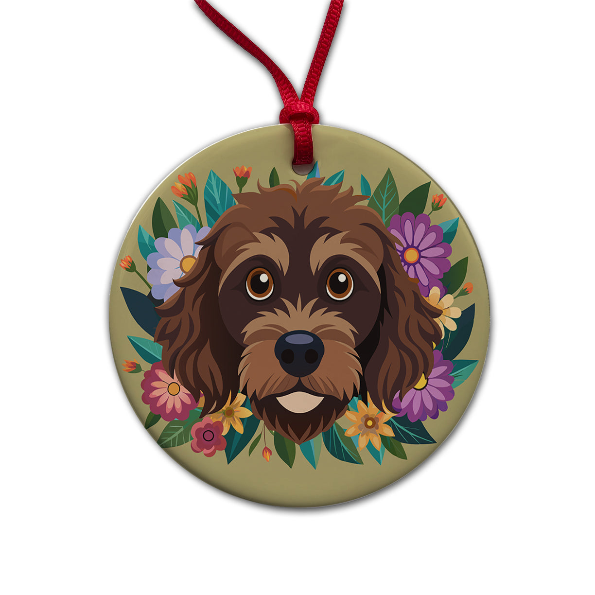 Brown Labradoodle Head Floral Motif Dog Cute Round Ceramic Holiday Christmas Tree Ornament