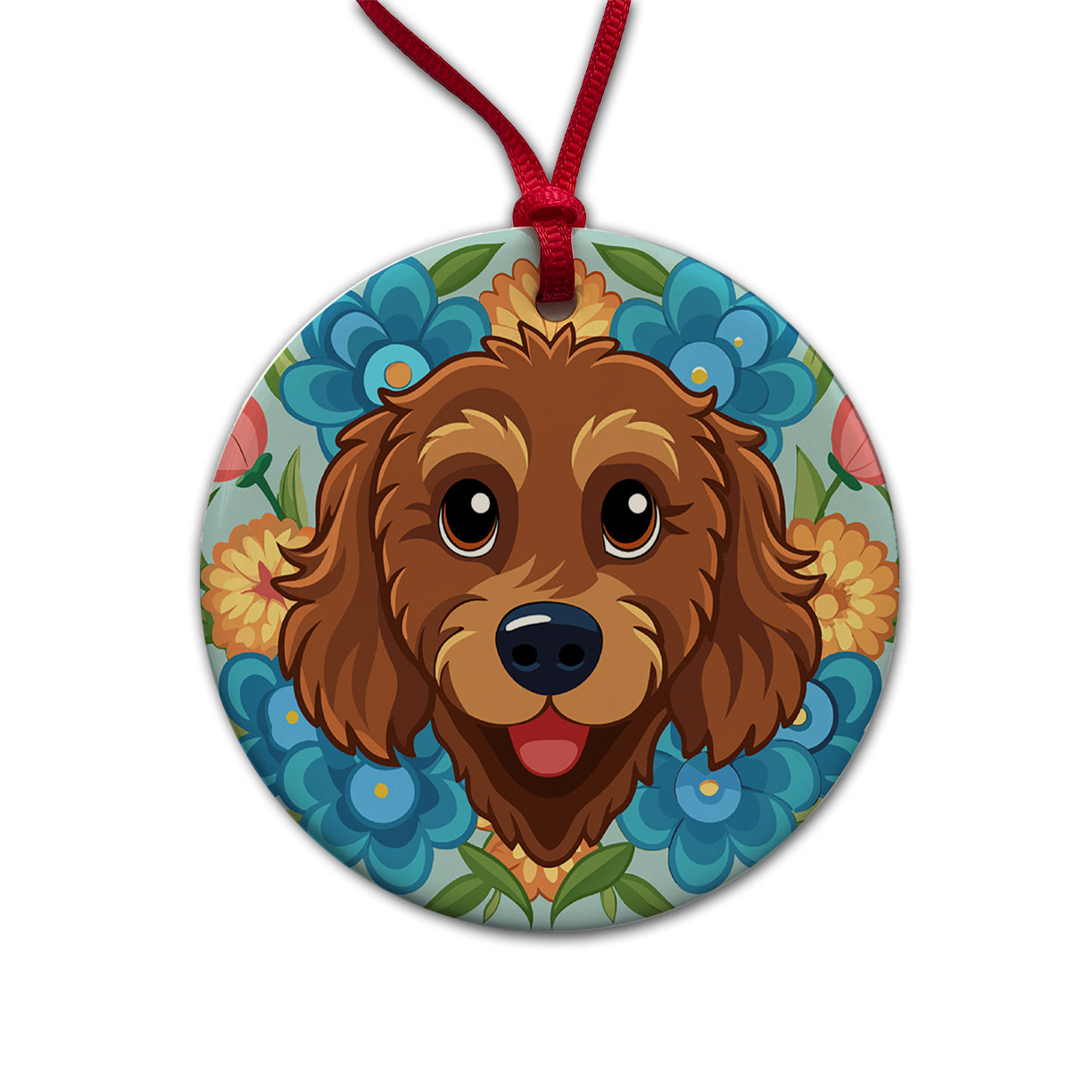 Brown Labradoodle Head Floral Motif Dog Round Ceramic Holiday Christmas Tree Ornament