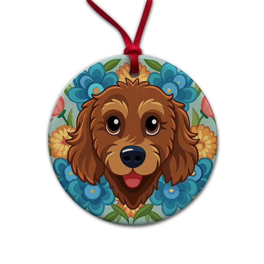Brown Labradoodle Head Floral Motif Dog Round Ceramic Holiday Christmas Tree Ornament