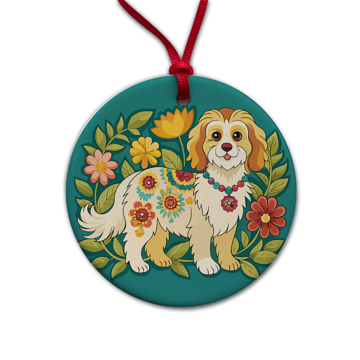 Cavachon Floral Motif Dog Cute Round Ceramic Holiday Christmas Tree Ornament
