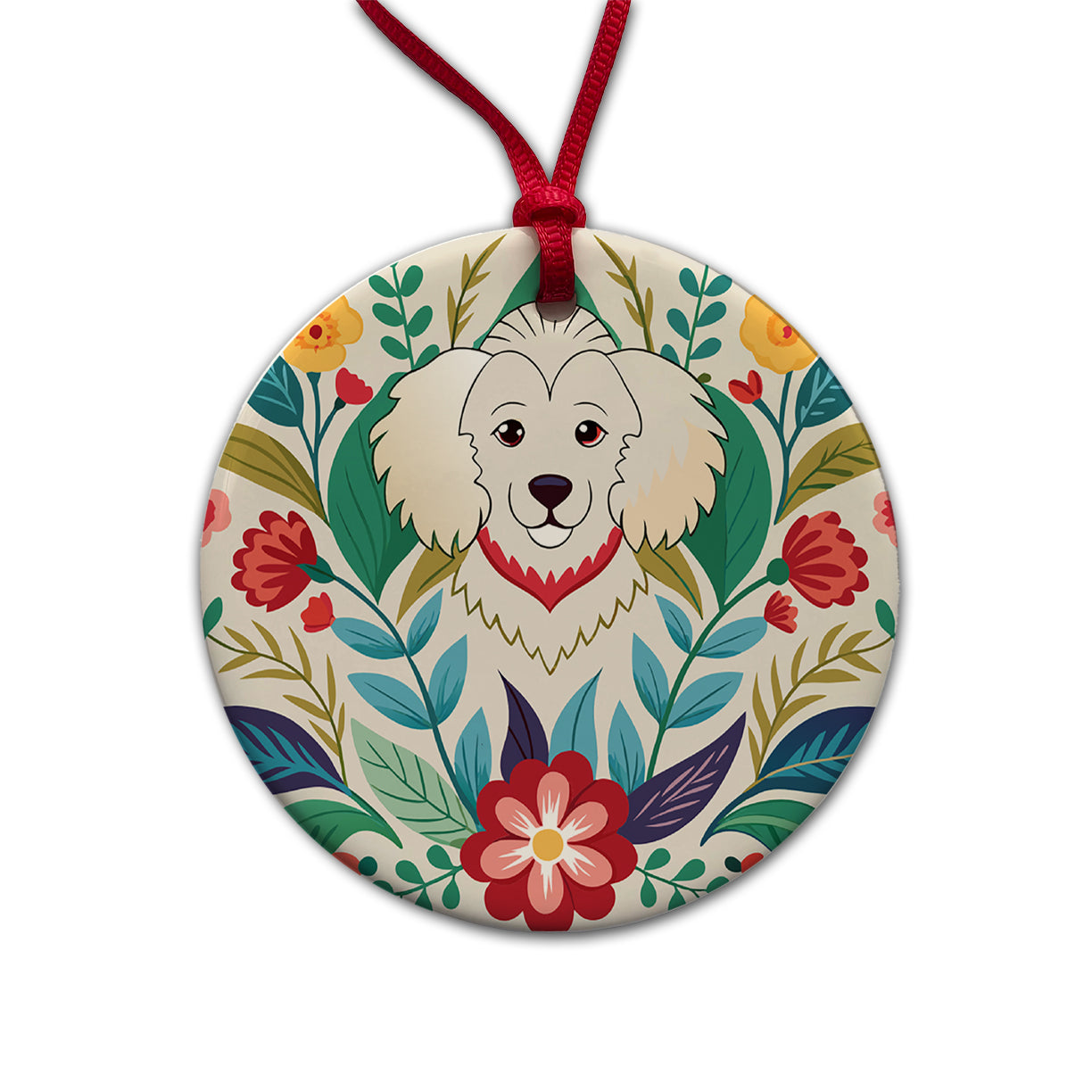 Cavachon Floral Motif Dog Round Ceramic Holiday Christmas Tree Ornament