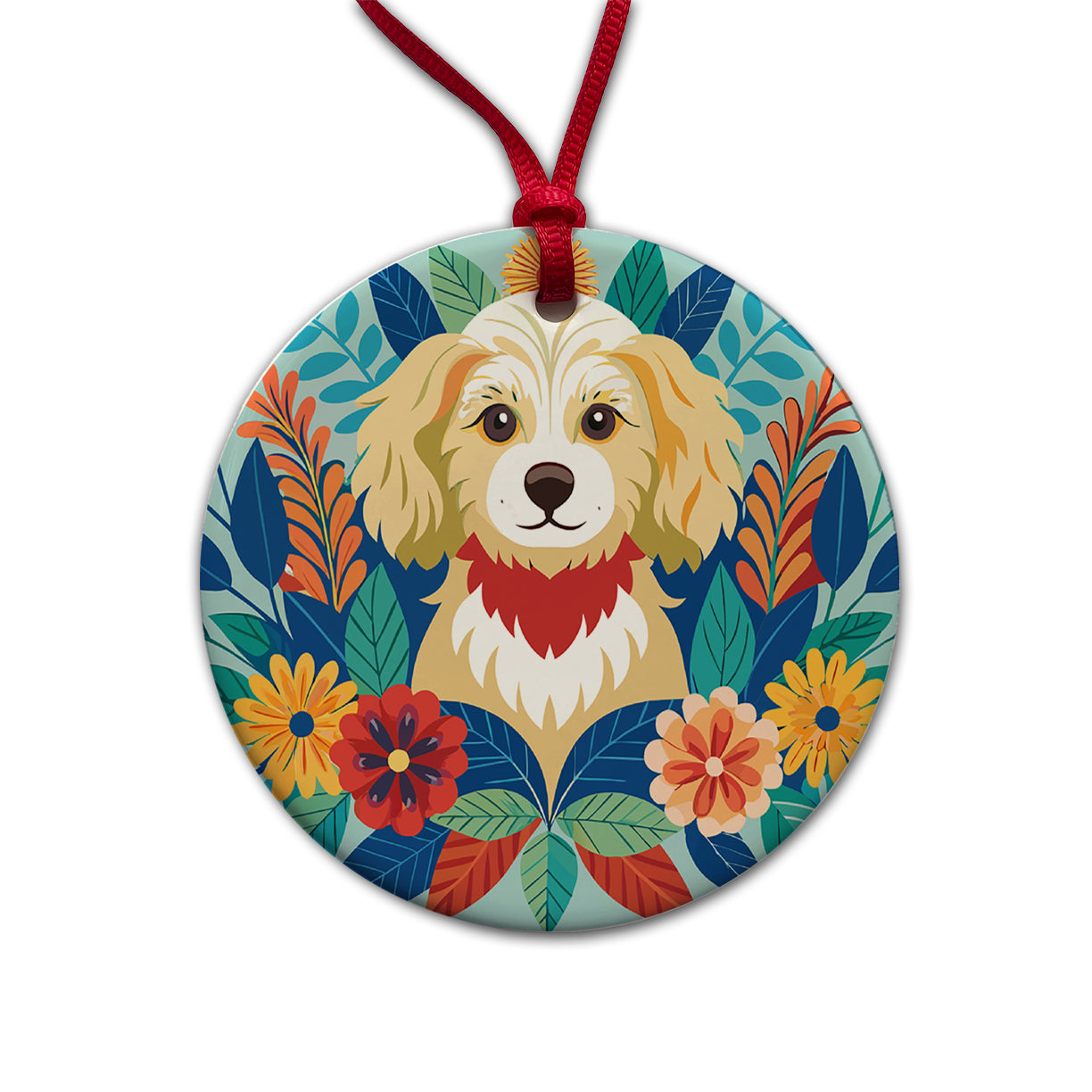 Cavapoo Floral Motif Dog Blue Round Ceramic Holiday Christmas Tree Ornament