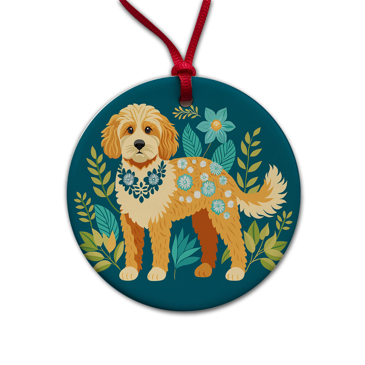 Cavapoo Floral Motif Dog Round Ceramic Holiday Christmas Tree Ornament