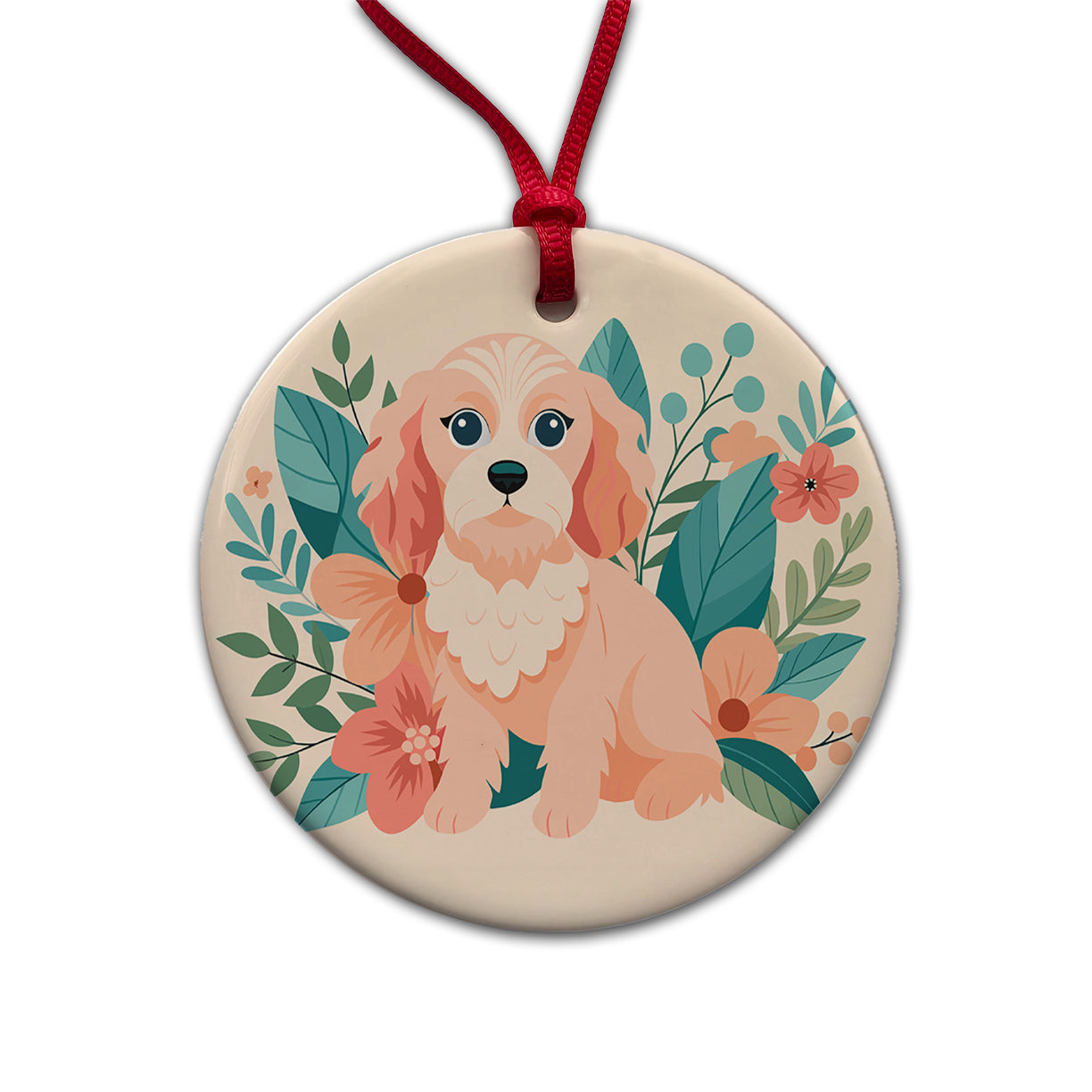 Cavapoo Floral Motif Pink Dog Round Ceramic Holiday Christmas Tree Ornament