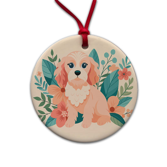 Cavapoo Floral Motif Pink Dog Round Ceramic Holiday Christmas Tree Ornament