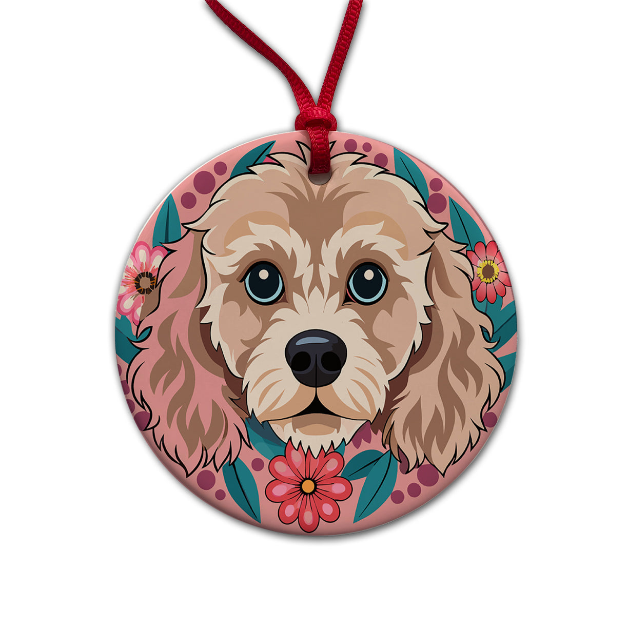 Cavapoo Head Floral Motif Pink Dog Round Ceramic Holiday Christmas Tree Ornament