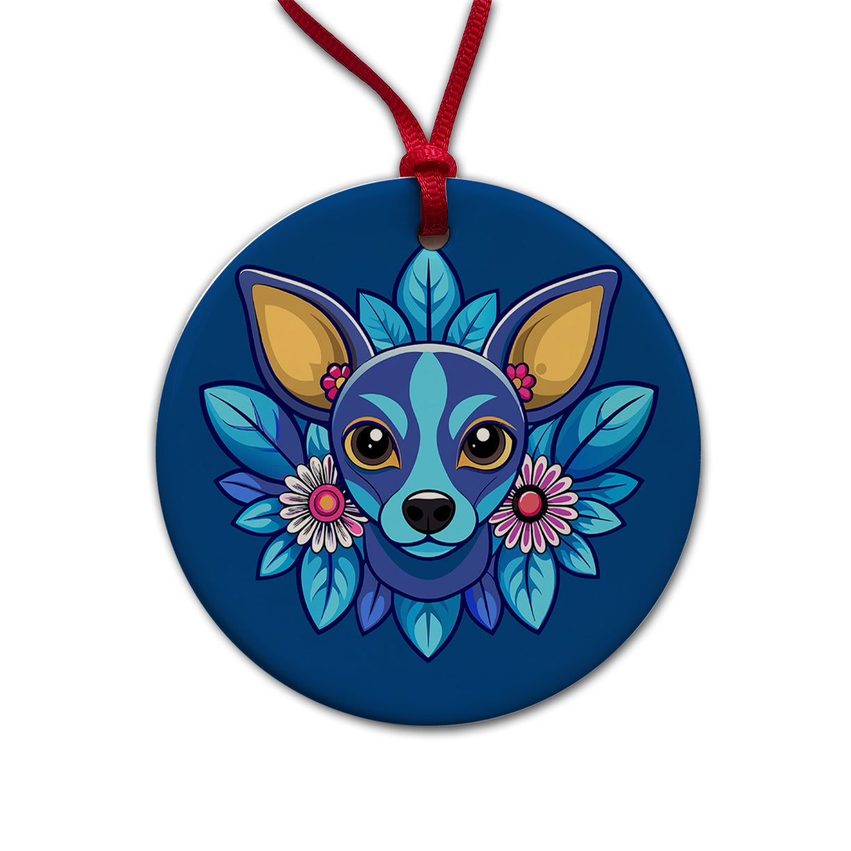 Chiweenie Head Floral Motif Blue Dog Round Ceramic Holiday Christmas Tree Ornament