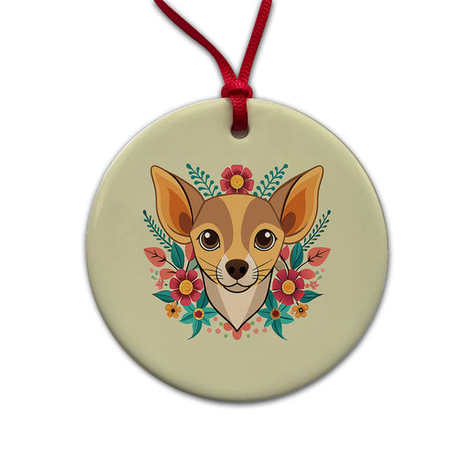 Chiweenie Head Floral Motif Dog Round Ceramic Holiday Christmas Tree Ornament