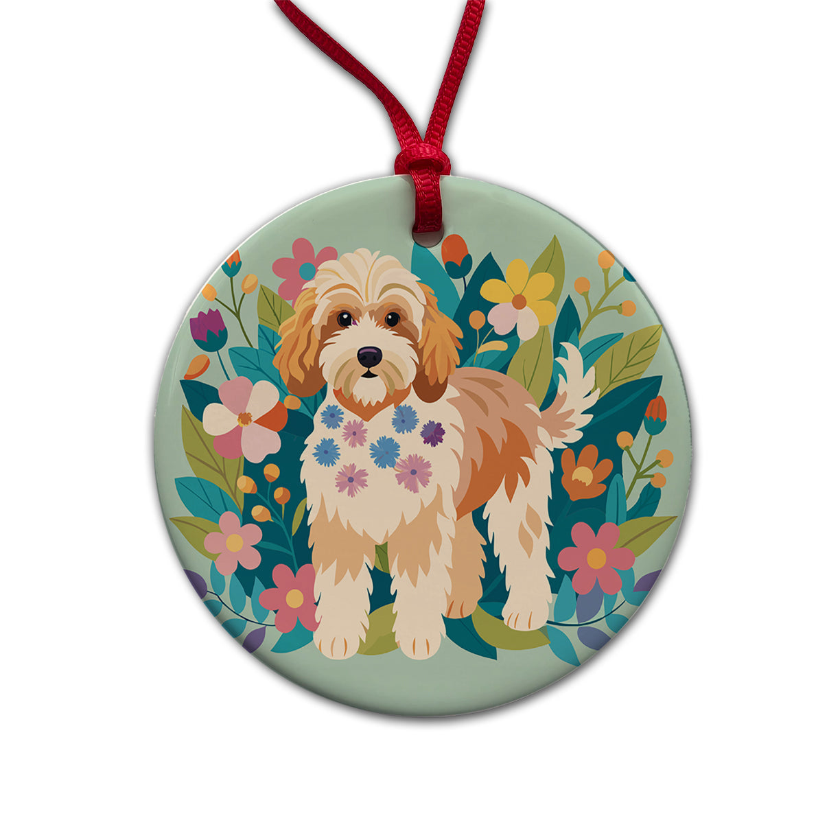 Cockapoo Floral Motif Dog Round Ceramic Holiday Christmas Tree Ornament