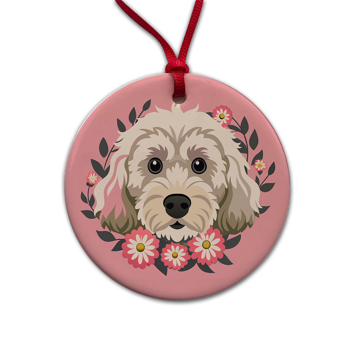 Cockapoo Head Floral Motif Light Pink Dog Round Ceramic Holiday Christmas Tree Ornament