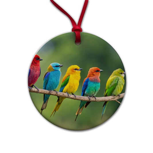 Colorful Birds In A Row Round Ceramic Holiday Christmas Tree Ornament