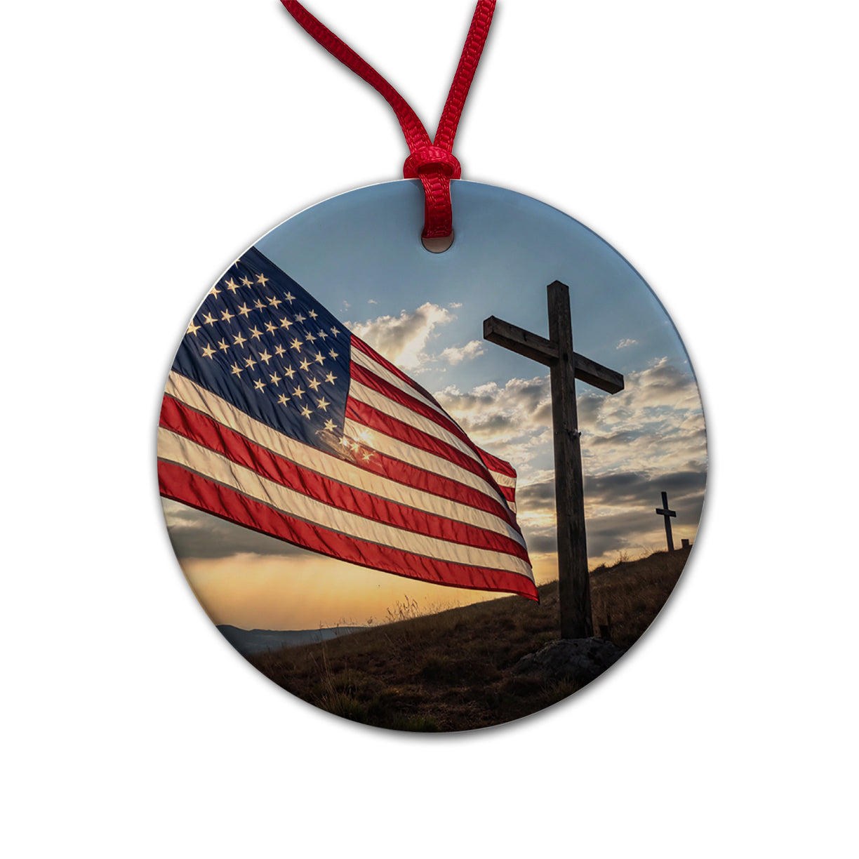 Cross Over American Flag USA United States Religious Round Ceramic Holiday Christmas Tree Ornament