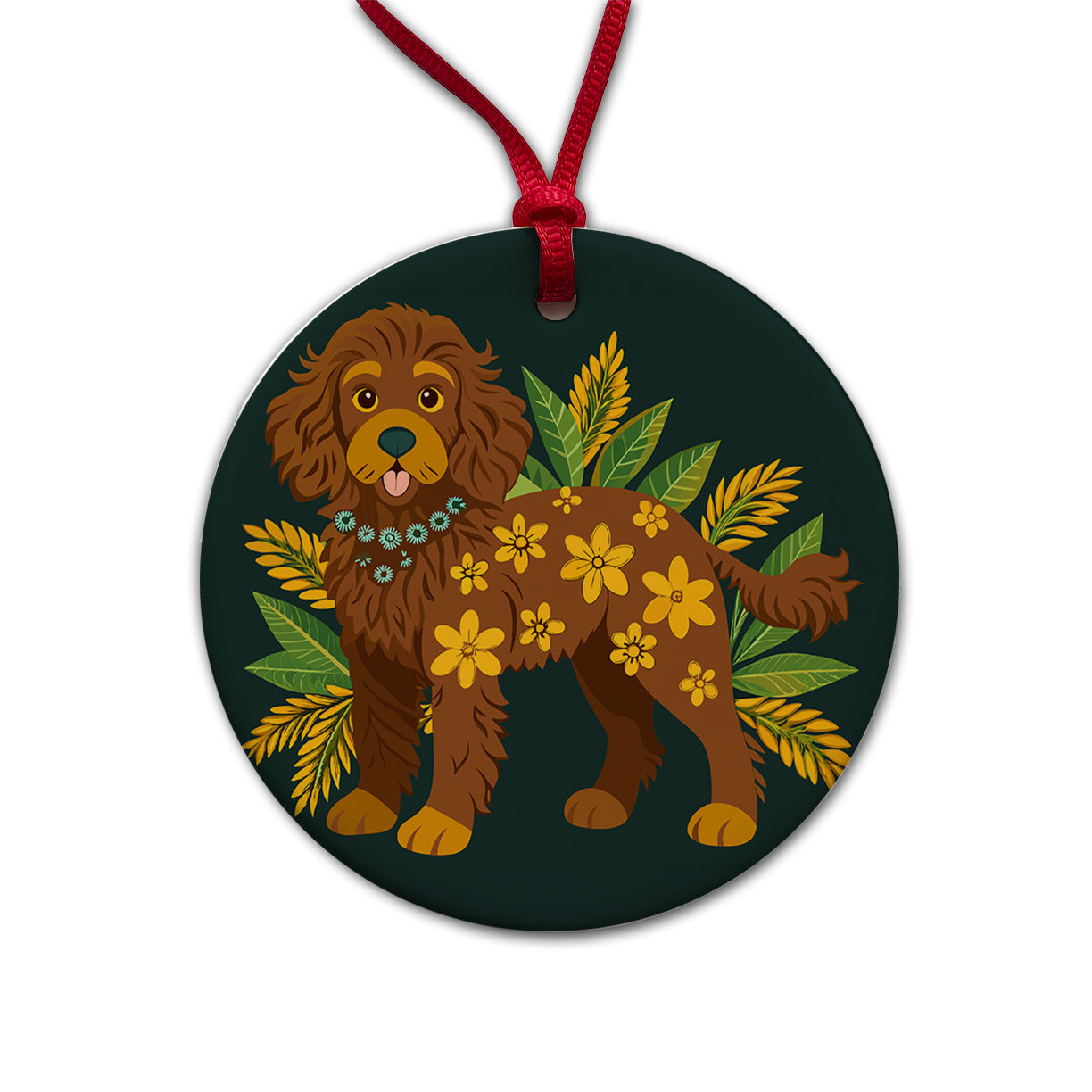 Dark Brown Golden Doodle Floral Motif Green Dog Round Ceramic Holiday Christmas Tree Ornament
