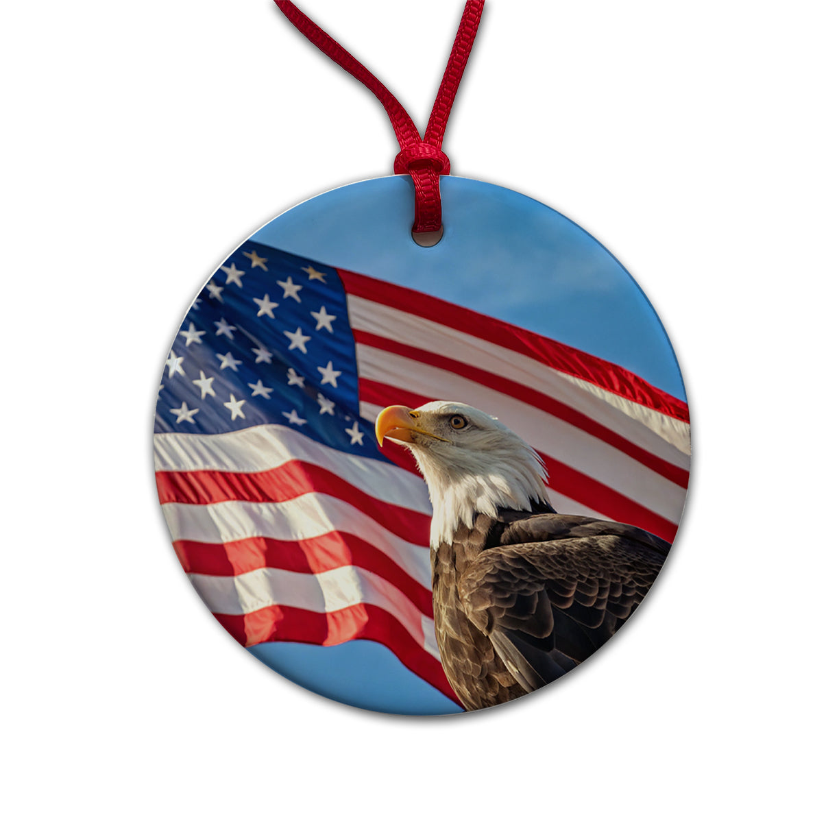 Eagle And American Flag USA United States Patriotic Round Ceramic Holiday Christmas Tree Ornament