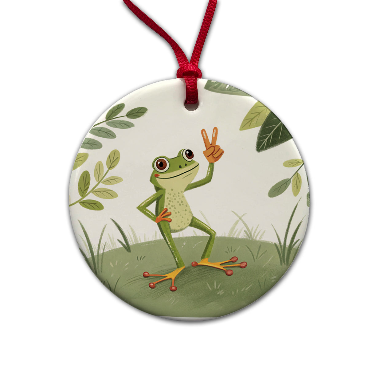 Frog Peace Sign Drawing Funny Round Ceramic Holiday Christmas Tree Ornament