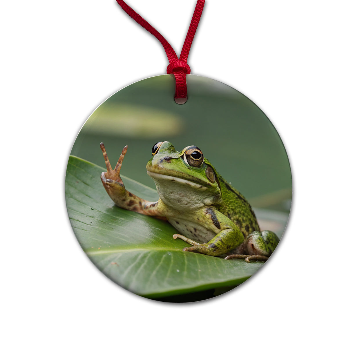 Frog Peace Sign Funny Round Ceramic Holiday Christmas Tree Ornament