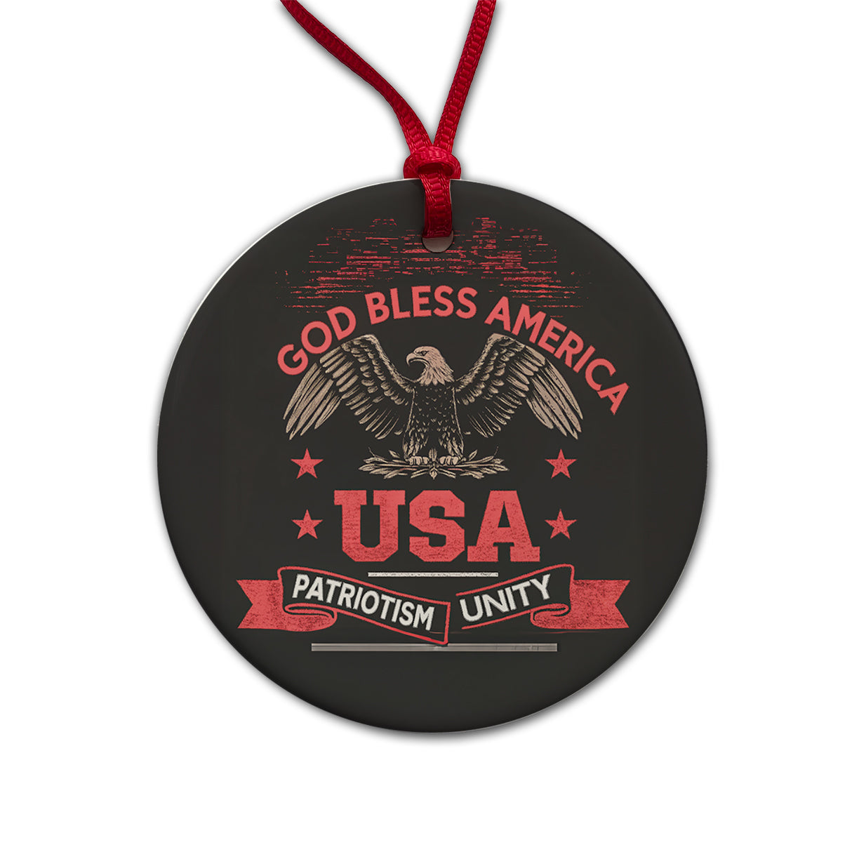God Bless America Black Red USA United States Round Ceramic Holiday Christmas Tree Ornament