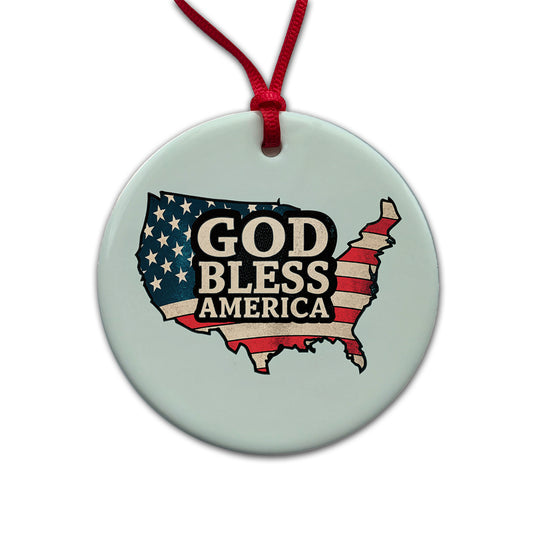 God Bless America Cute USA United States Round Ceramic Holiday Christmas Tree Ornament