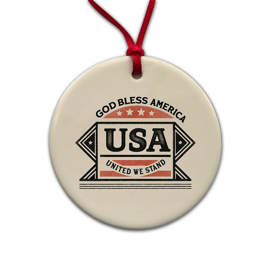 God Bless America USA United We Stand States Round Ceramic Holiday Christmas Tree Ornament